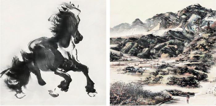 左侧为学习了徐悲鸿作品后生成的水墨马,右侧是学习了黄宾虹之后生成的山水画