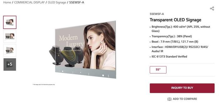 ▲ LG 面向商用市场推出的 55 英寸透明 OLED 屏。图片来自:LG