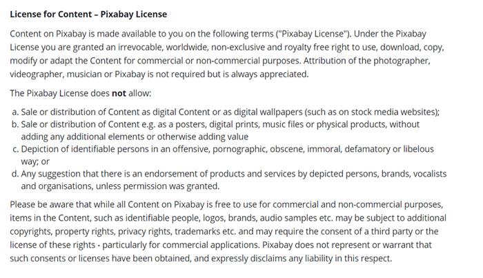 Pixabay用户条款节选,图片来源:Pixabay网页截图。