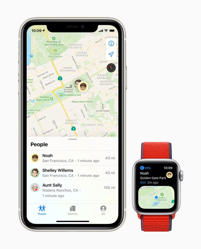 ▲利用家人共享设置功能,家庭成员可通过 Apple Watch 上的查找联系人 app,与其监护人分享位置信息。