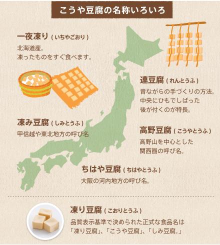 高野豆腐(冻豆腐)在日本各地的不同叫法。图片来源:www.asahimatsu.co.jp