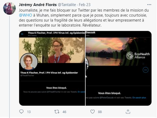 图为法国《观点》杂志的反华记者Jérémy André Florès和他在境外社交平台“推特”上被多名国际病毒专家拉黑的截图