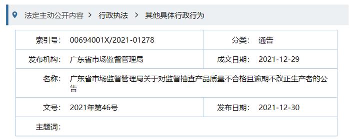 广东省市场监督管理局关于对监督抽查产品质量不合格且逾期不改正生产者的公告（2021年第46号）