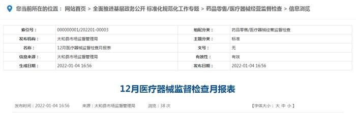 安徽省太和县市场监管局发布2021年12月医疗器械监督检查月报表