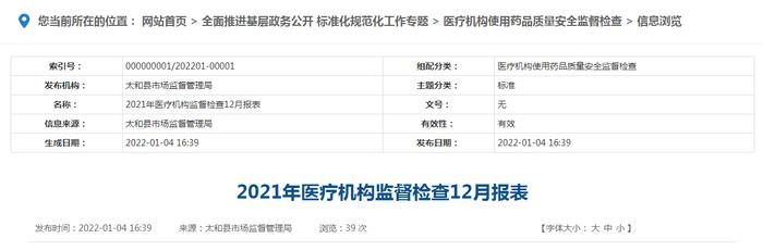 安徽省太和县市场监督管理局发布2021年医疗机构监督检查12月报表