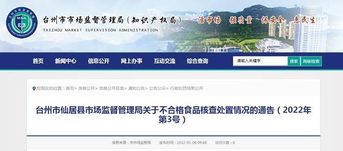 浙江省仙居县市场监督管理局关于不合格食品核查处置情况的通告（2022年第3号）