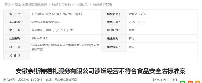 安徽奈斯特婚礼服务有限公司涉嫌经营不符合食品安全法标准的进口冷冻产品被罚款70000元