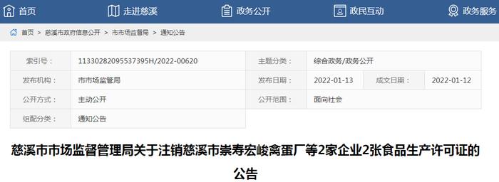 浙江慈溪市崇寿宏峻禽蛋厂等2家企业2张食品生产许可证被注销