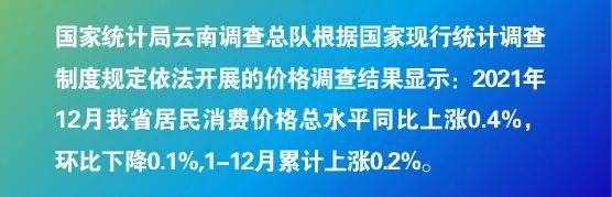 2021年12月云南居民消费价格总水平同比上涨0.4%