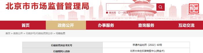 北京市通州区市场监督管理局关于北京大辛庄乐骑商贸中心(房金术)的行政处罚信息