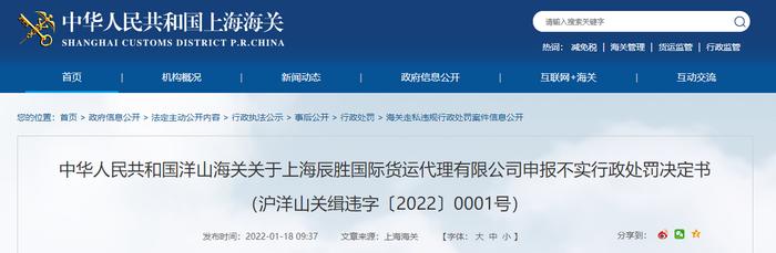 洋山海关关于上海辰胜国际货运代理有限公司申报不实行政处罚决定书