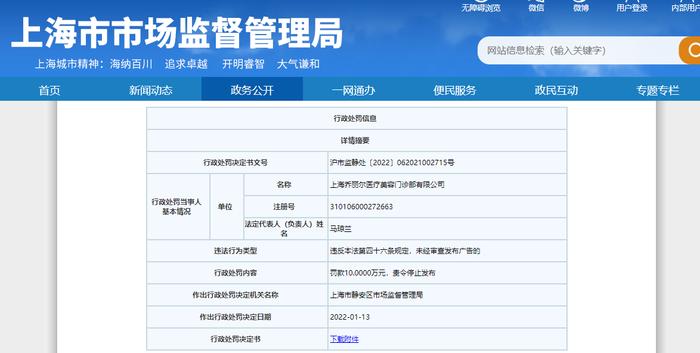 上海乔丽尔医疗美容门诊部有限公司被罚款10万元