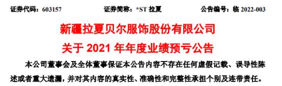 *ST拉夏2021年预计亏损6亿-9亿 销售毛利率同比下降