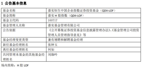 嘉实H股指数增聘基金经理张钟玉 何如离任