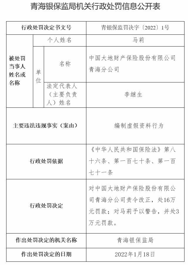 大地保险青海分公司违法被罚 编制虚假资料