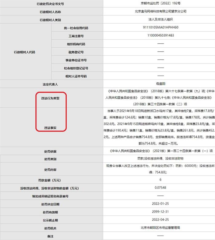 盒马北京上海两地违反食品安全法被罚