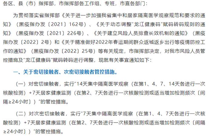 哈尔滨调整风险人员管控措施及赋码转码