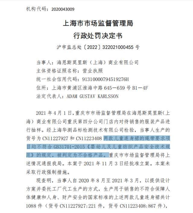 HM因劣质儿童连衣裙被罚12万 此前曾多次因产品质量问题被罚