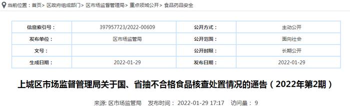 浙江省杭州市上城区市场监管局关于国、省抽不合格食品核查处置情况的通告（2022年第2期）