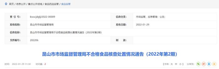 江苏省昆山市市场监管局不合格食品核查处置情况通告（2022年第2期）