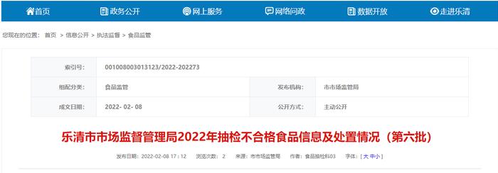 浙江省乐清市市场监管局发布2022年抽检不合格食品信息及处置情况（第六批）