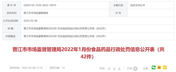 福建省晋江市市场监管局公开2022年1月份食品药品行政处罚信息