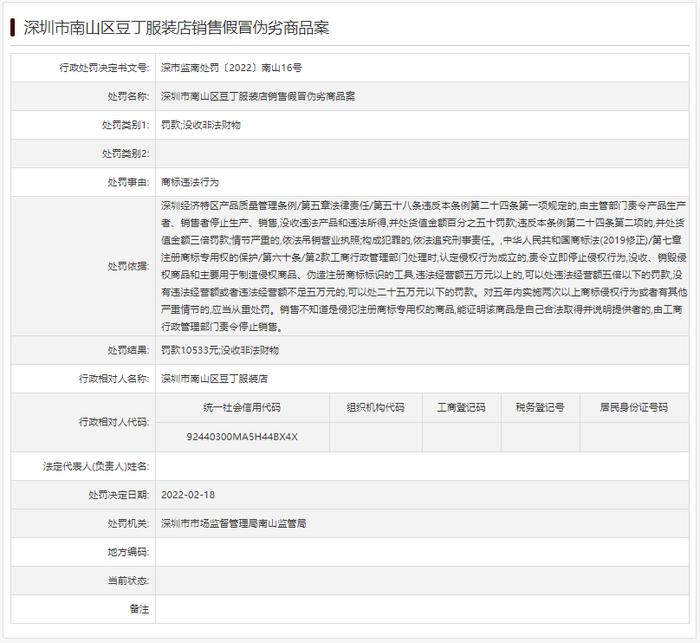 深圳市南山区豆丁服装店销售假冒伪劣商品被处罚