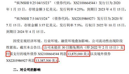 1.7亿利息还不上、下月有本金到期，阳光城境内债利息违约不到20天又曝更大规模境外债利息违约