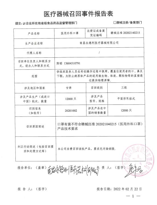 南昌市永德利医疗器械有限公司召回部分医用外科口罩