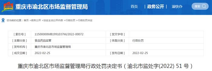 关于重庆旺月山庄农家乐的行政处罚决定书【渝北市监处字(2022) 51号】