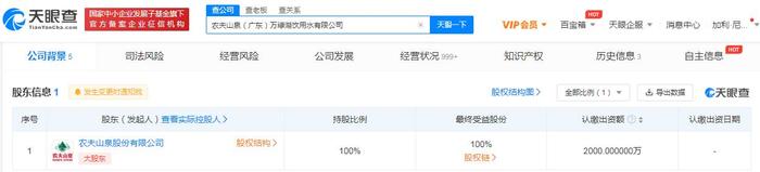 农夫山泉在广东成立新公司 天眼查App显示注册资本2000万