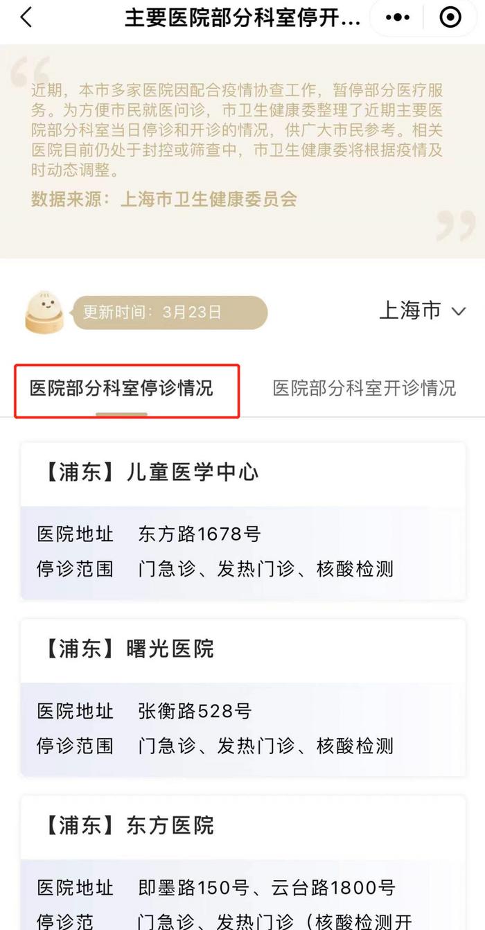 4月6日市、区主要医疗机构暂停医疗服务情况（附查询方式）