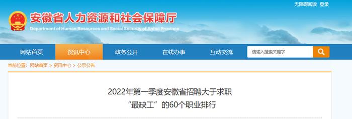 最新！安徽“最缺工”的60个职业排行出炉！