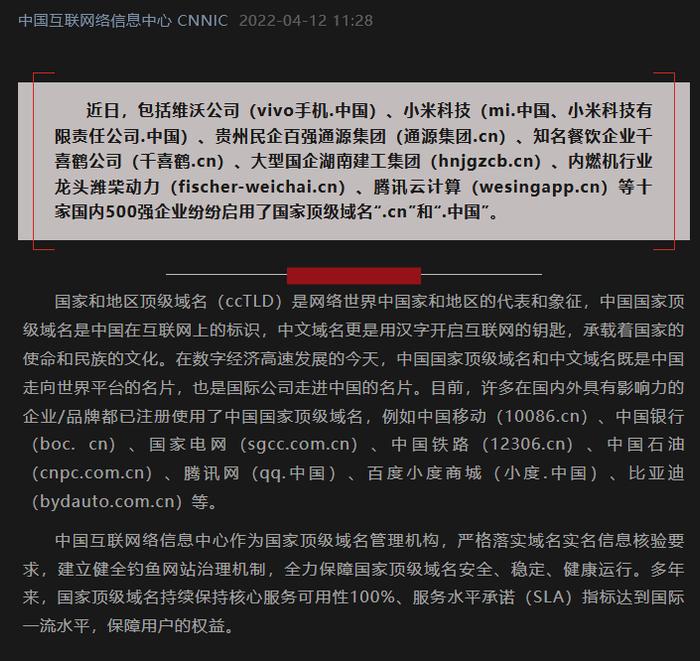 国家顶级域名再添新：小米、维沃等知名企业启用“.CN”“.中国”域名