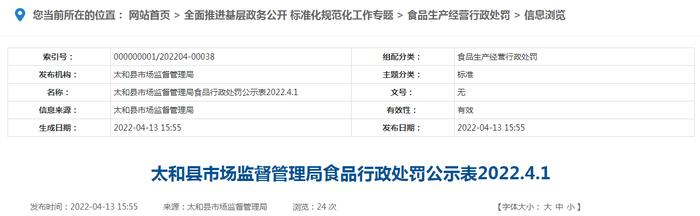 安徽省太和县市场监管局食品行政处罚公示表2022.4.1