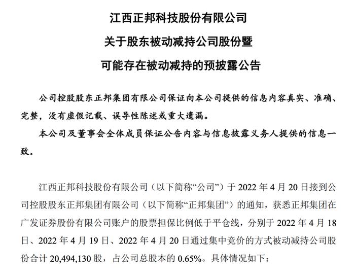 正邦股票低于平仓线，被减持股本的0.65%