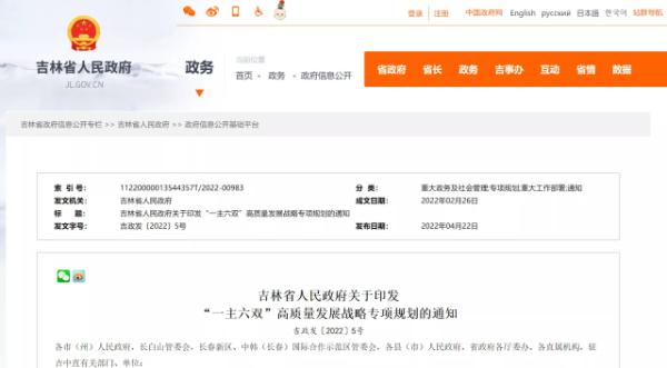 吉林省印发《“一主六双”高质量发展战略专项规划》