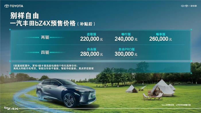 补贴后22万元起 一汽丰田bZ系列首款纯电SUV bZ4X开启预售