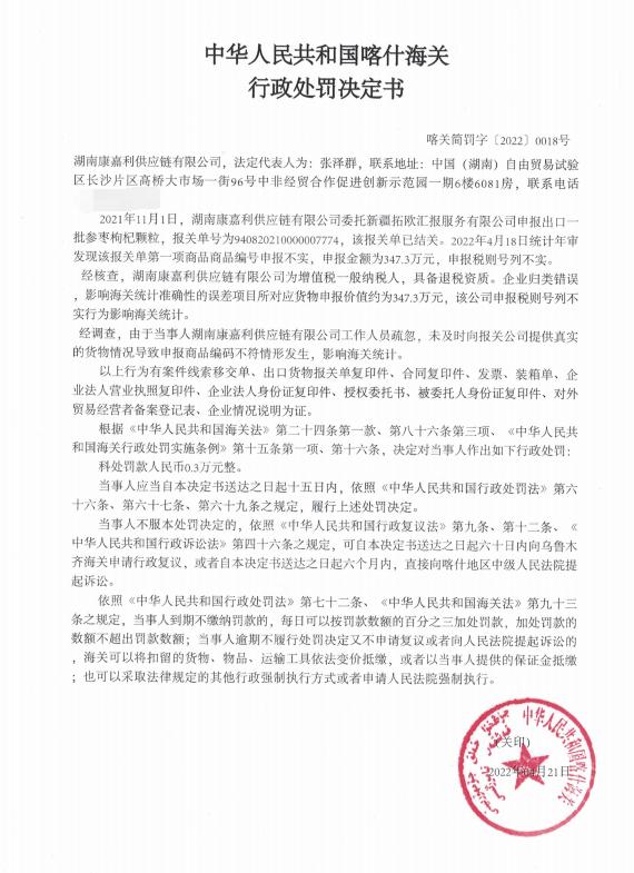 喀什海关发布关于对湖南康嘉利供应链有限公司出口货物申报不实的行政处罚决定书