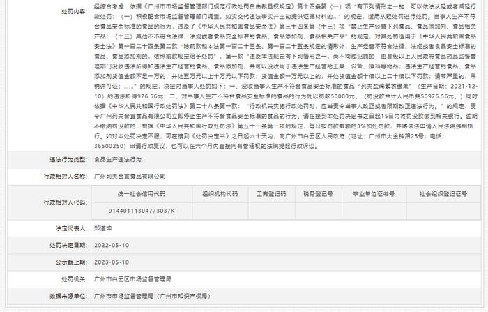 存在食品生产违法行为  广州列夫合宜食品有限公司被罚款50000元