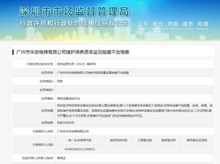 广州市华发电梯有限公司维保质量不合格被罚  专家：维保出问题会造成安全性能下降