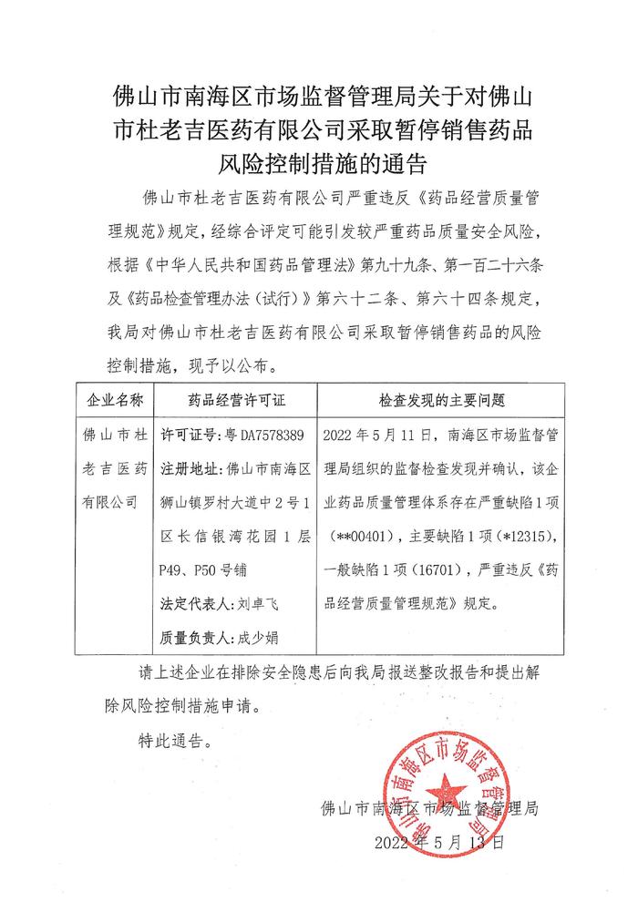 广东省佛山市南海区市场监管局关于对佛山市杜老吉医药有限公司采取暂停销售药品风险控制措施的通告