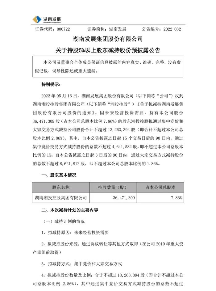 突发利空！14天11板的热门大牛股湖南发展，第二大股东拟高位减持