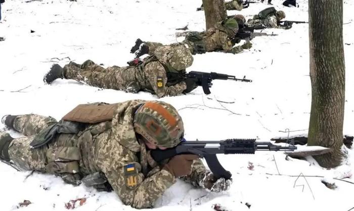 ·1月22日,乌克兰领土防卫部队在基辅的一个公园内训练,他们手持各种不同型号的AK步枪。
