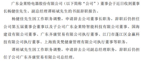 金莱特董事长杨健佳辞职 彭国宇接任 2021年度公司净利1799.01万