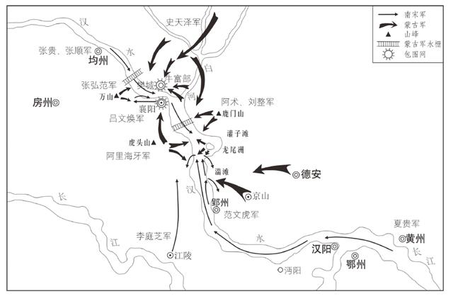 蒙古南宋襄樊战役经过示意图(1271-1273)(《中国古代战争的地理枢纽》插图)