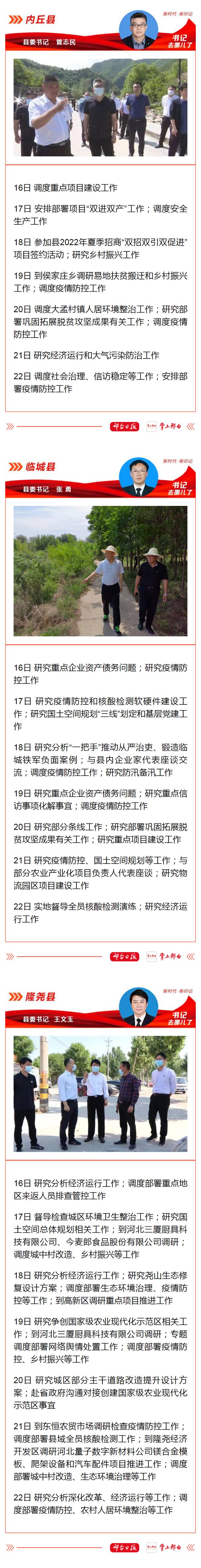 公开晾晒工作！邢台20个县（市、区）委书记、市直单位主要负责同志上周（5月16日-5月22日）主要工作