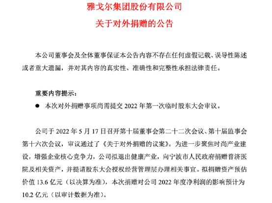 反悔了！男装巨头雅戈尔宣布 13.6亿资产不捐了！股民吵翻了，去年净利降三成