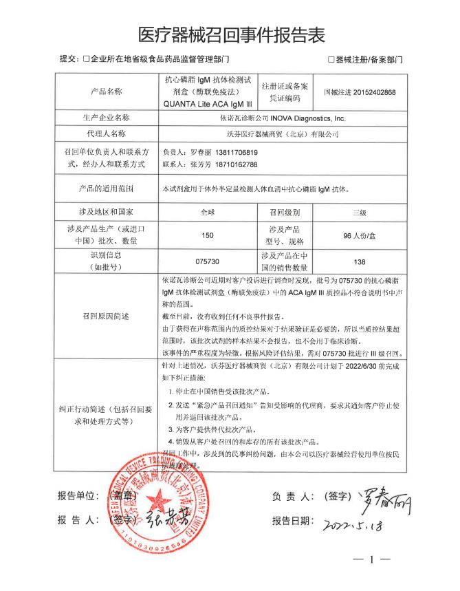 诺瓦诊断公司INOVA Diagnostics, Inc.对抗心磷脂IgM抗体检测试剂盒（酶联免疫法）QUANTA Lite ACA IgM III实施主动召回