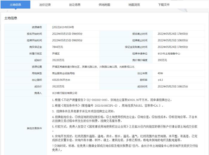 长沙银行3.92亿拿地 将建总部第二办公区